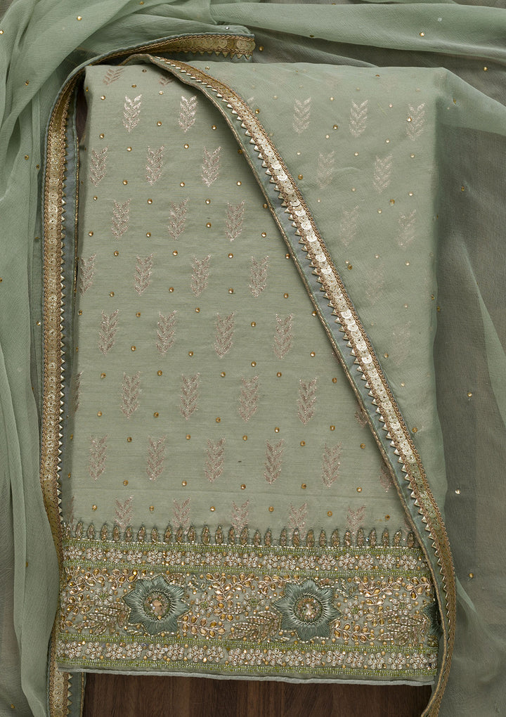 Pista Green Zariwork Georgette Unstitched Salwar Suit-Koskii