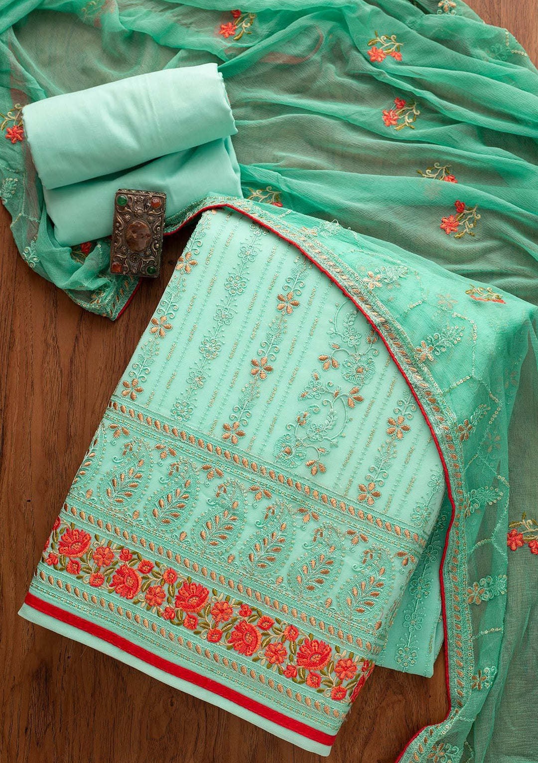 Sea Green Chikankari Georgette Designer Unstitched Salwar Suit - koskii