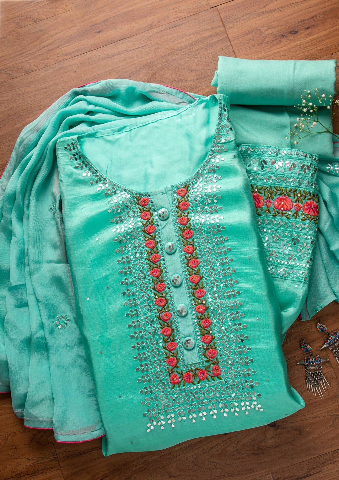 Sea Green Mirrorwork Semi Crepe Designer Semi-Stitched Salwar Suit - koskii
