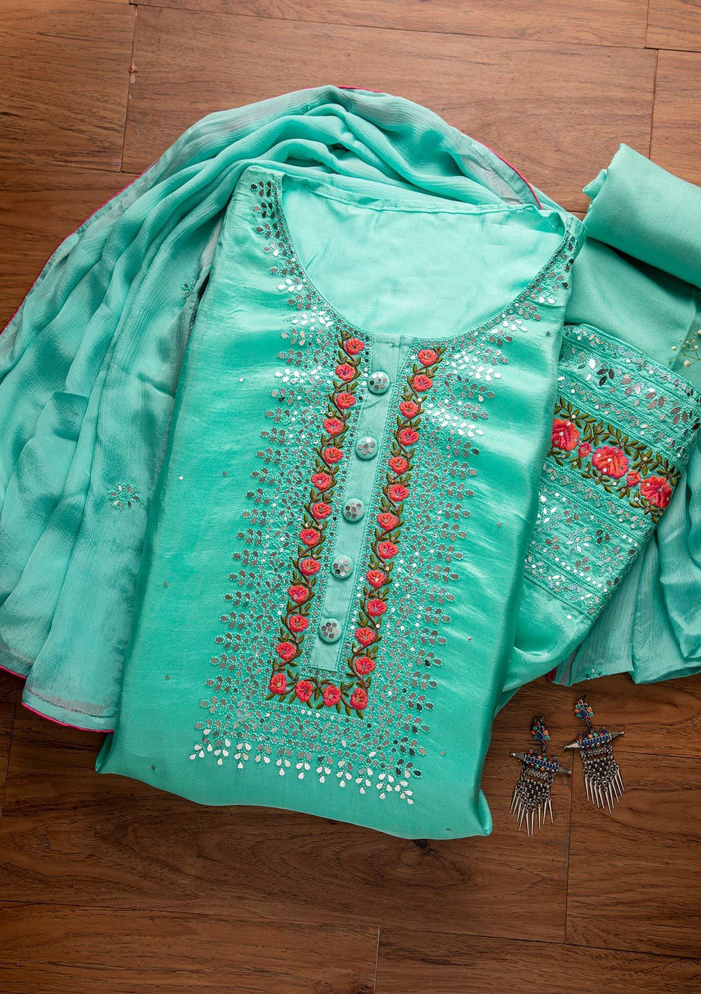 Sea Green Mirrorwork Semi Crepe Designer Semi-Stitched Salwar Suit - koskii