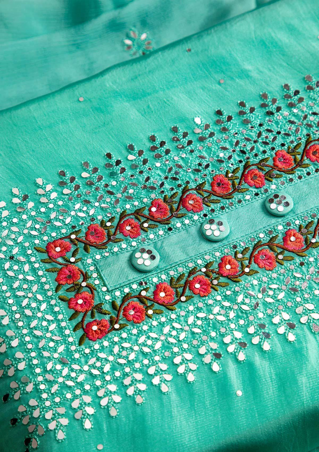 Sea Green Mirrorwork Semi Crepe Designer Semi-Stitched Salwar Suit - koskii