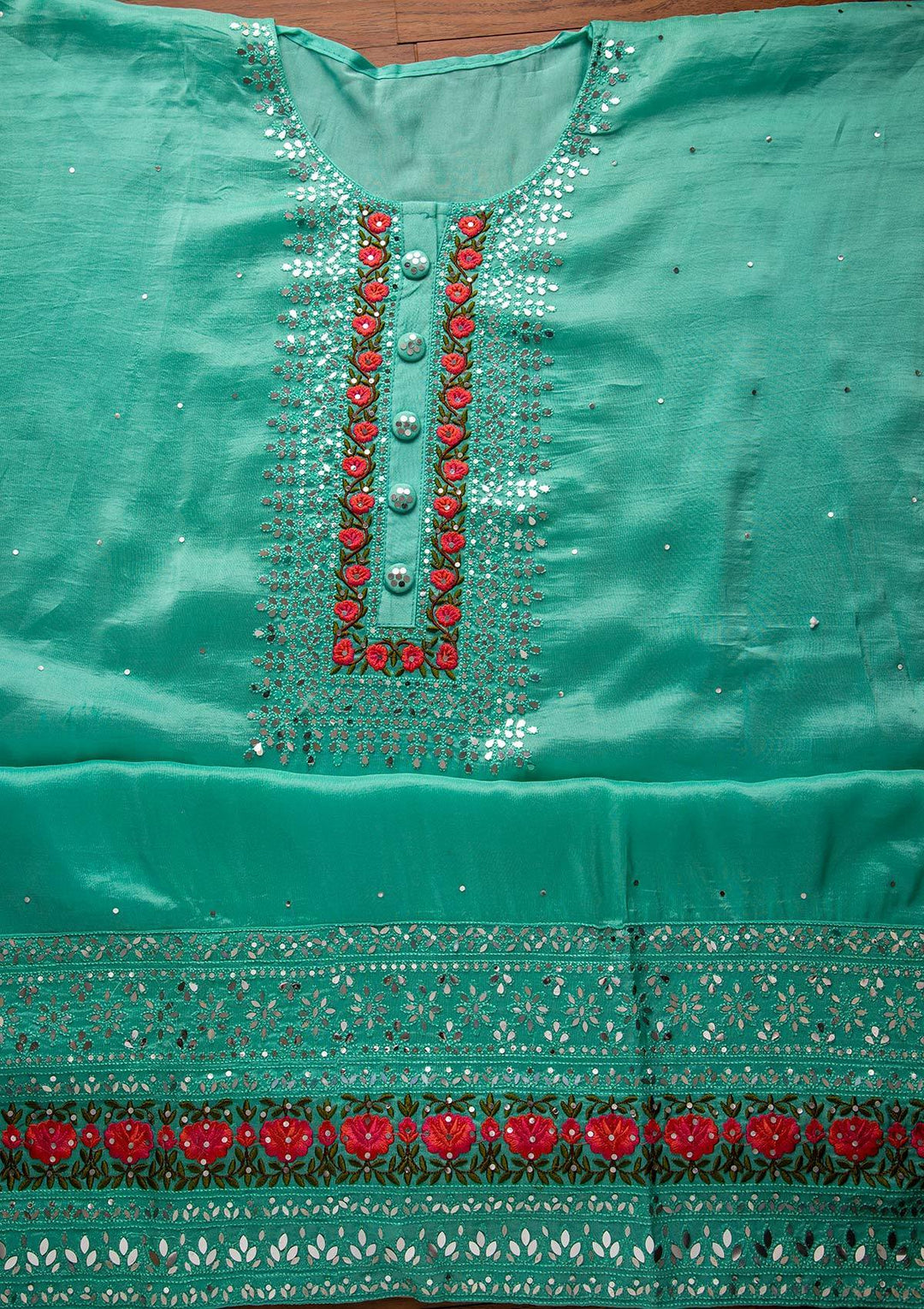 Sea Green Mirrorwork Semi Crepe Designer Semi-Stitched Salwar Suit - koskii