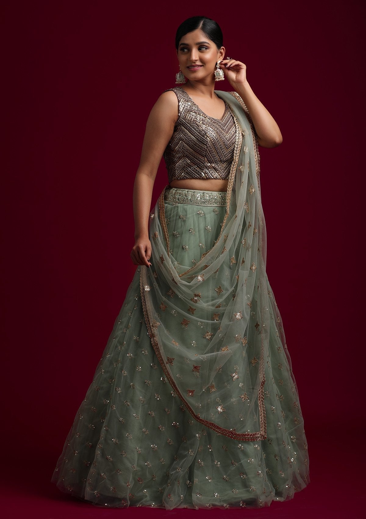 Sea Green Sequins Net Designer Dupatta - koskii