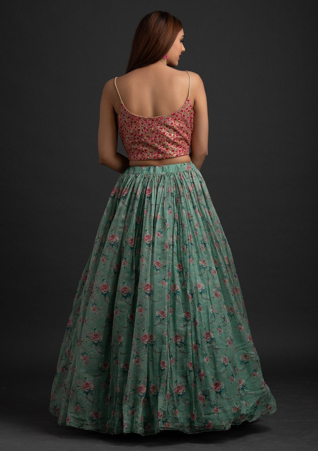 Sea Green Sequins Tissue Designer Lehenga - koskii