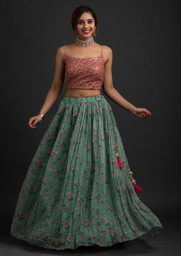 Sea Green Sequins Tissue Designer Lehenga - koskii