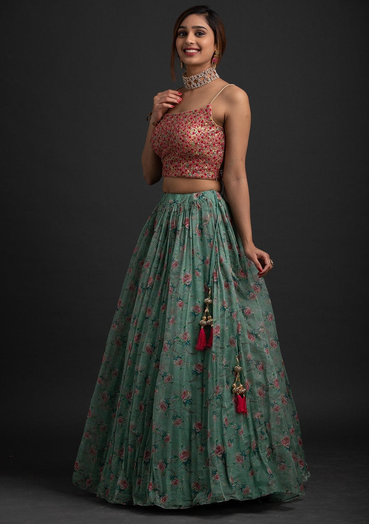 Sea Green Sequins Tissue Designer Lehenga - koskii