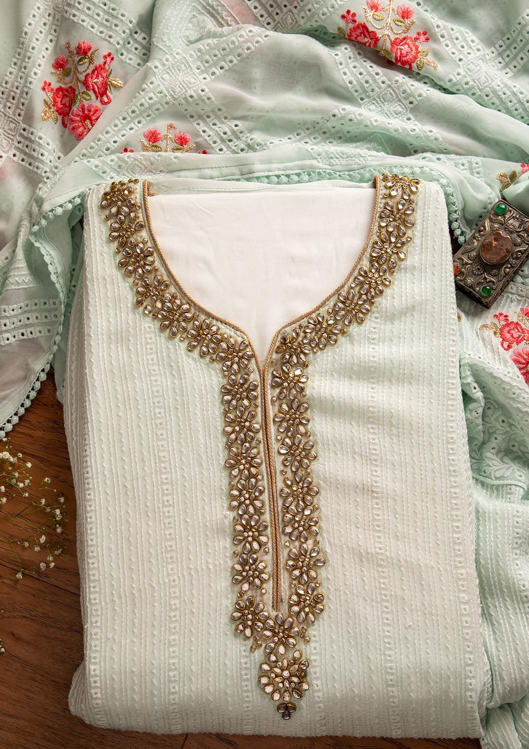 Sea Green Stonework Georgette Designer Unstitched Salwar Suit - koskii