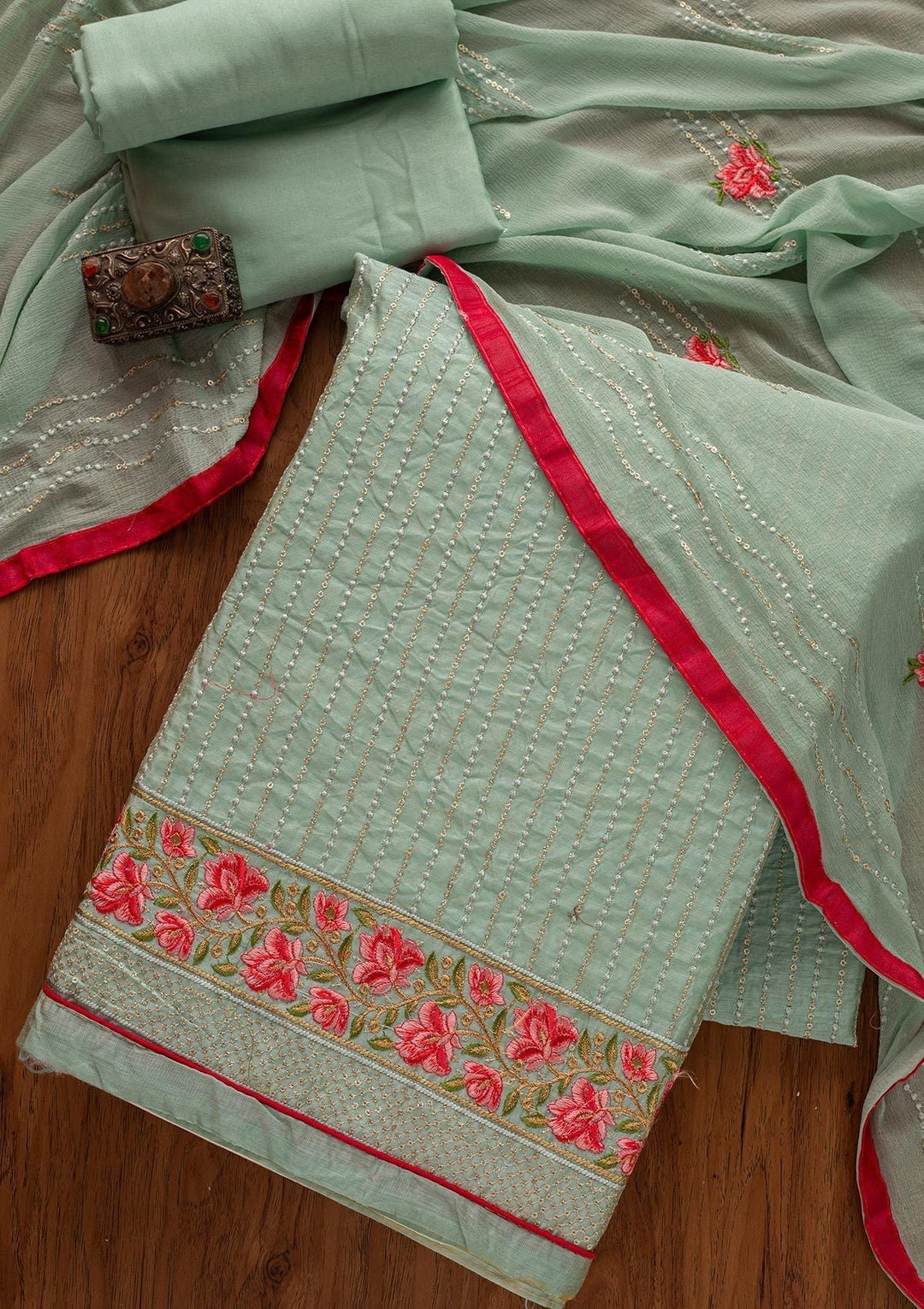 Sea Green Threadwork Chanderi Designer Unstitched Salwar Suit - koskii
