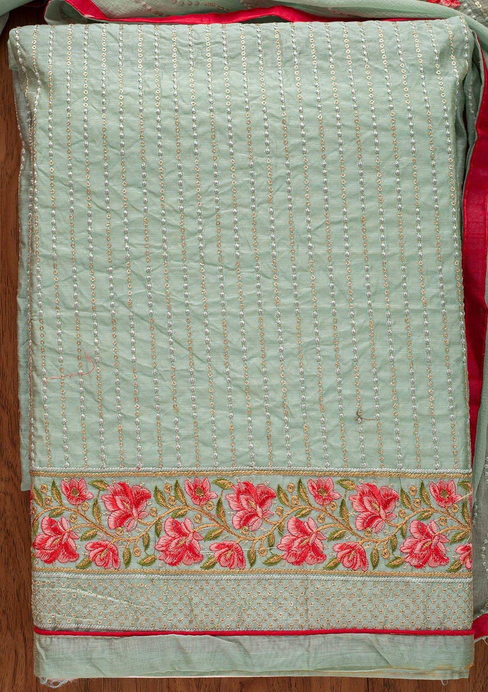 Sea Green Threadwork Chanderi Designer Unstitched Salwar Suit - koskii