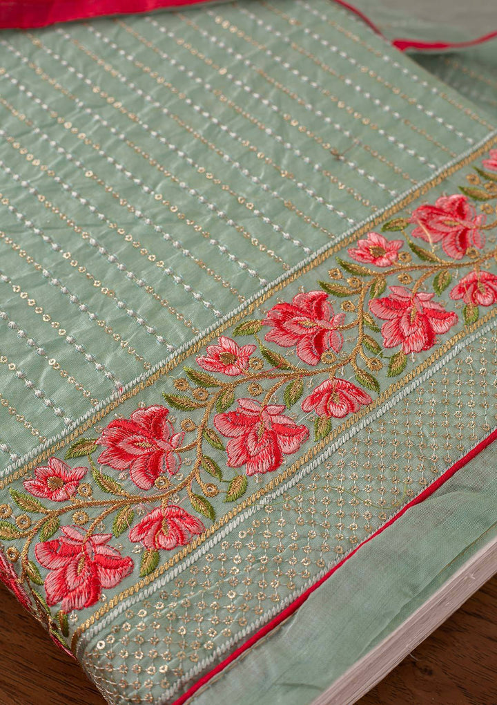 Sea Green Threadwork Chanderi Designer Unstitched Salwar Suit - koskii