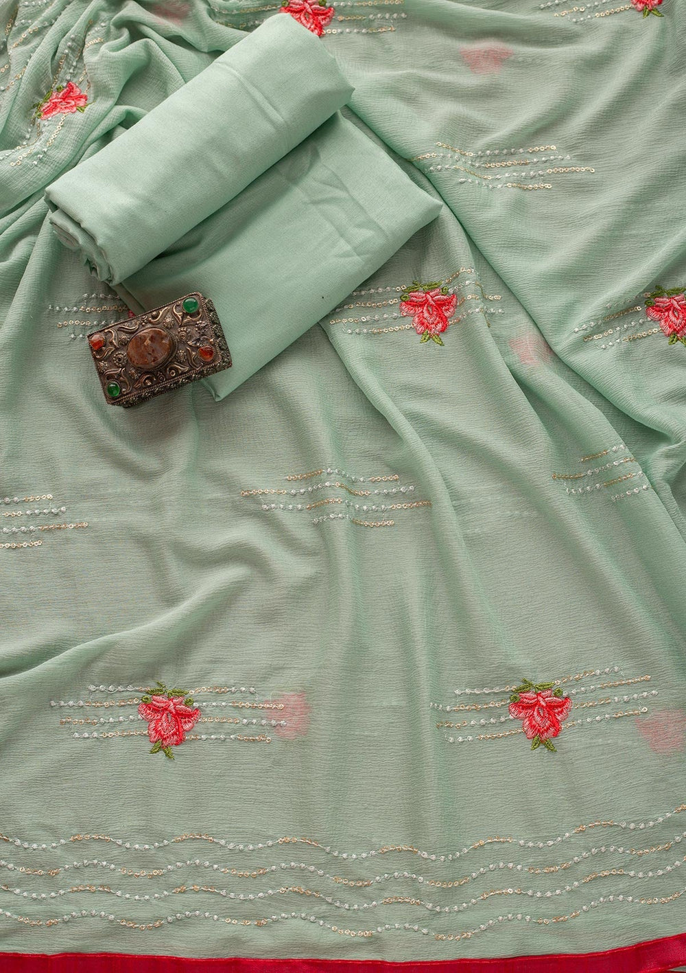 Sea Green Threadwork Georgette Designer Unstitched Salwar Suit - koskii