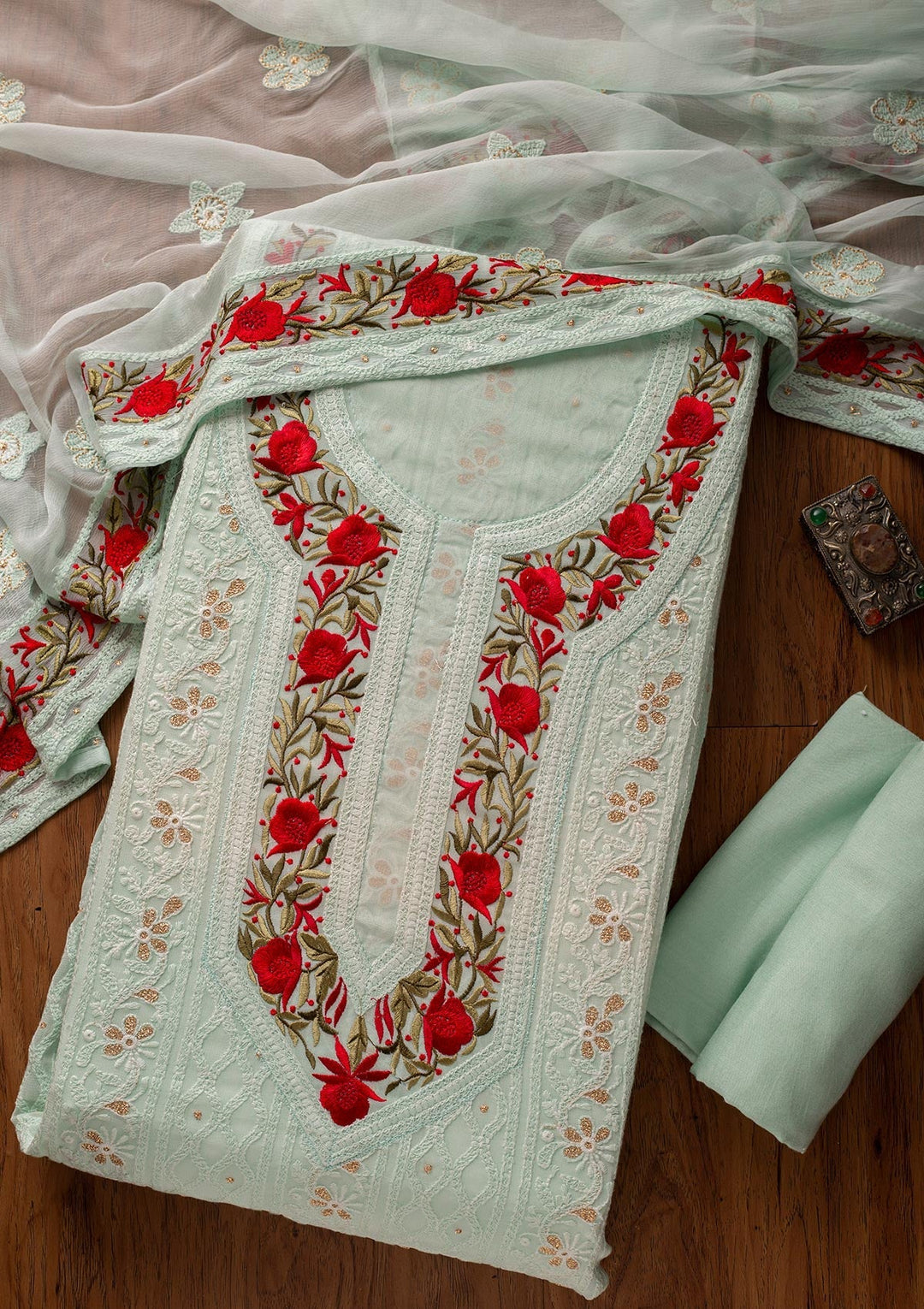 Sea Green Threadwork Georgette Designer Unstitched Salwar Suit - koskii