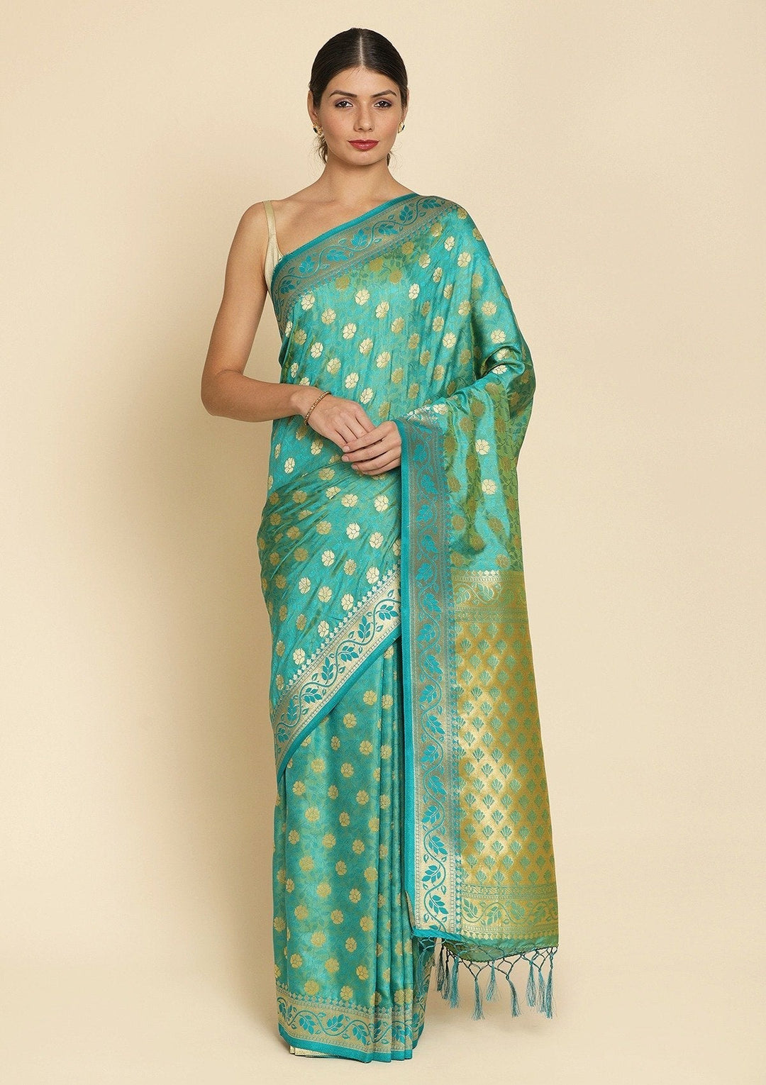 Sea Green Zariwork Art Silk Designer Saree - koskii