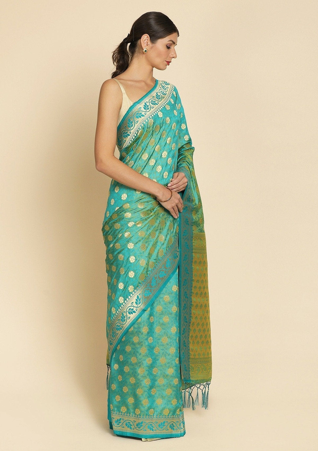 Sea Green Zariwork Art Silk Designer Saree - koskii
