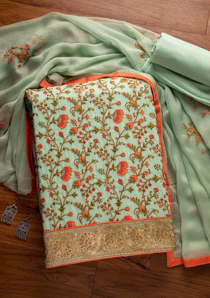 Sea Green Zariwork Georgette Designer Unstitched Salwar Suit - koskii