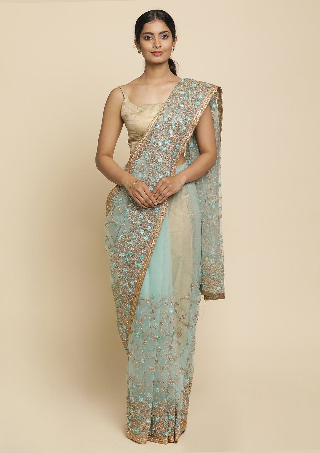 Sea Green Pearlwork  Net Designer Saree - koskii