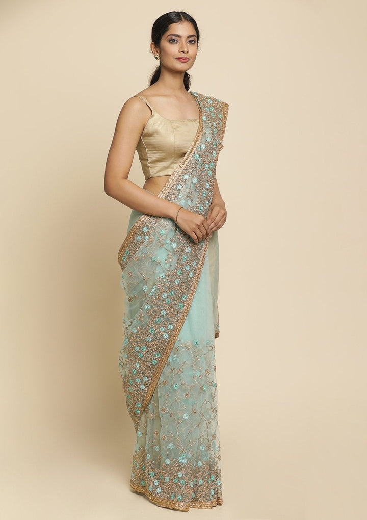 Sea Green Pearlwork  Net Designer Saree - koskii