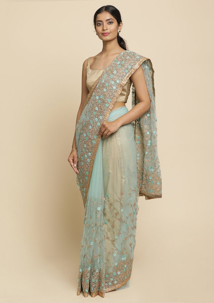 Sea Green Pearlwork  Net Designer Saree - koskii