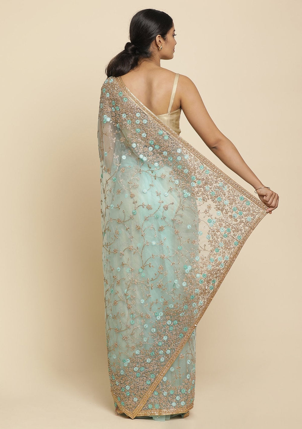 Sea Green Pearlwork  Net Designer Saree - koskii