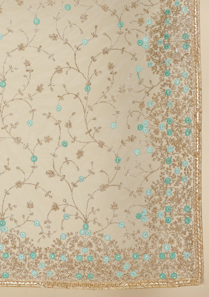 Sea Green Pearlwork  Net Designer Saree - koskii