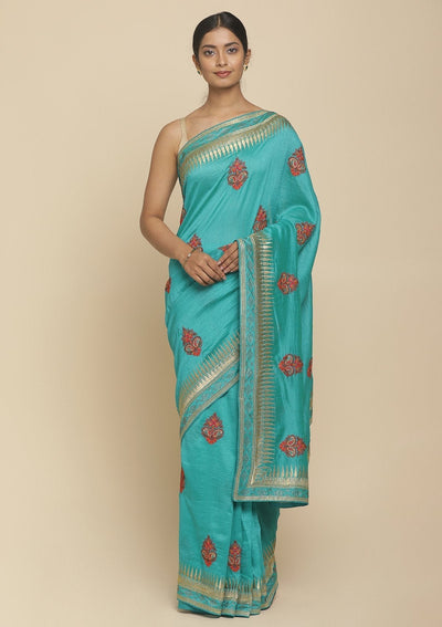 Sea Green Zariwork  Art Silk Designer Saree - koskii