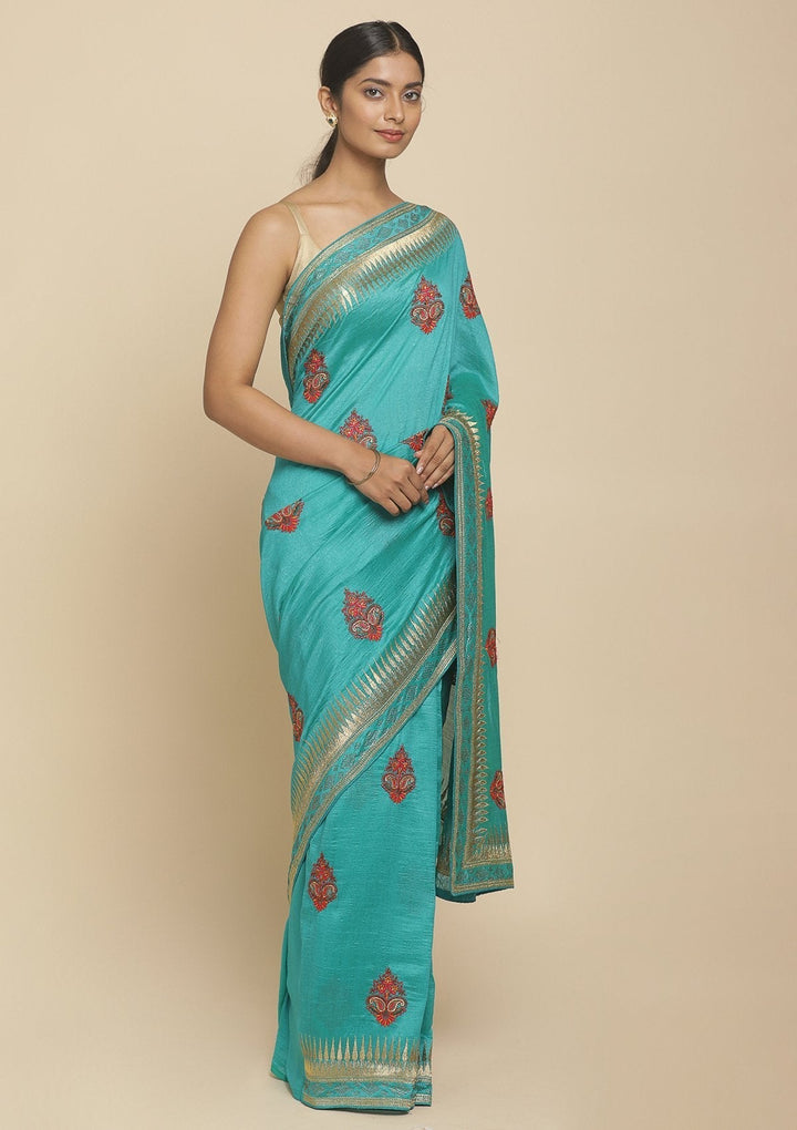 Sea Green Zariwork  Art Silk Designer Saree - koskii