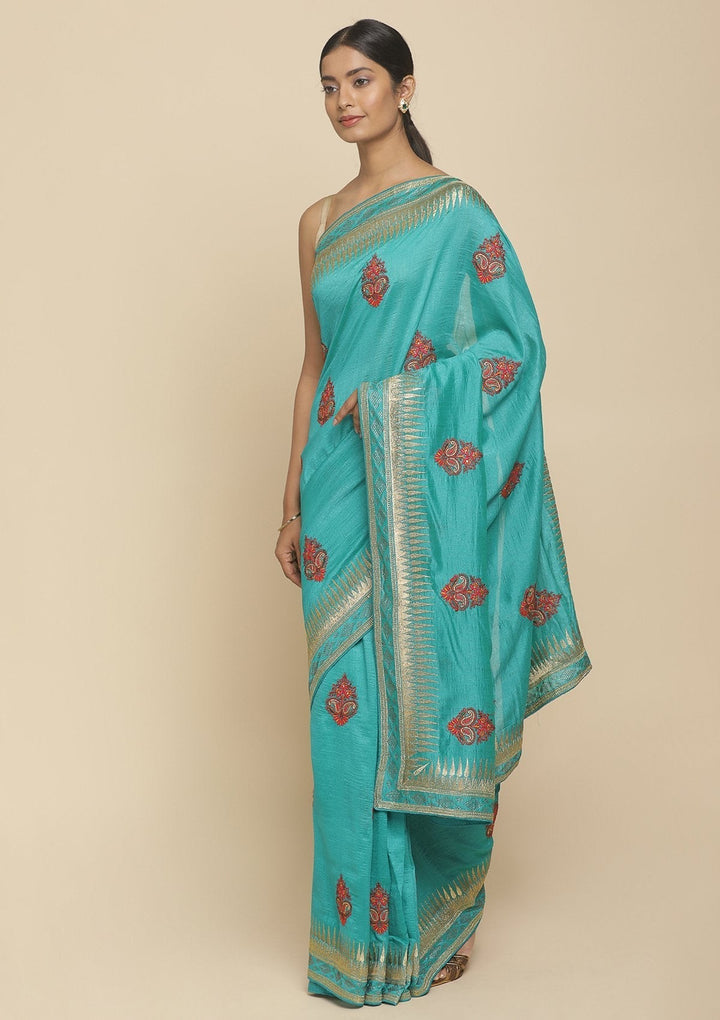 Sea Green Zariwork  Art Silk Designer Saree - koskii