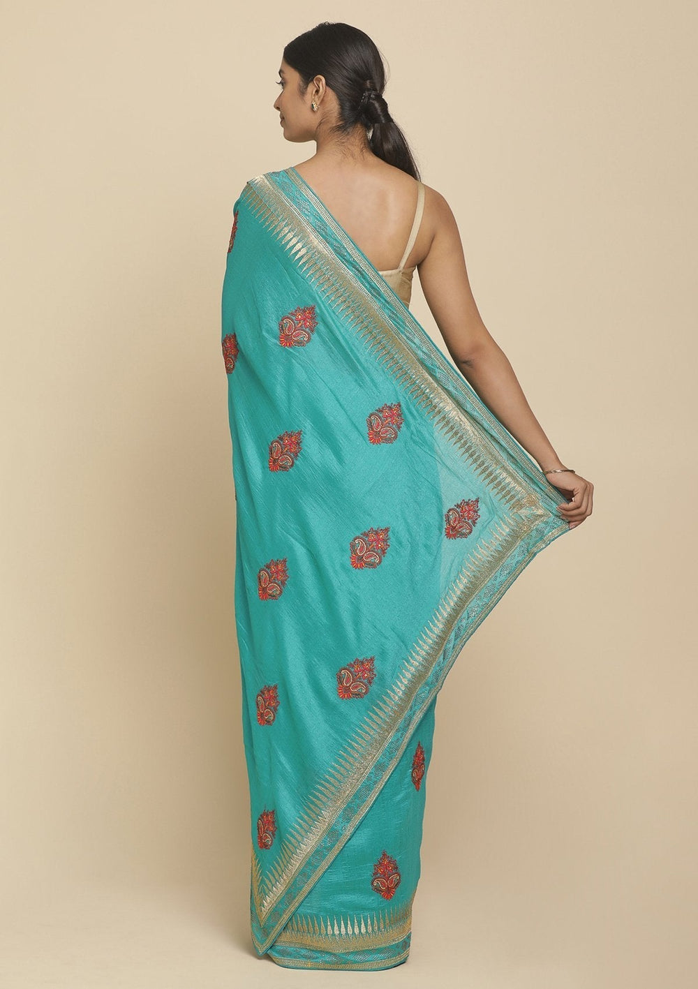 Sea Green Zariwork  Art Silk Designer Saree - koskii
