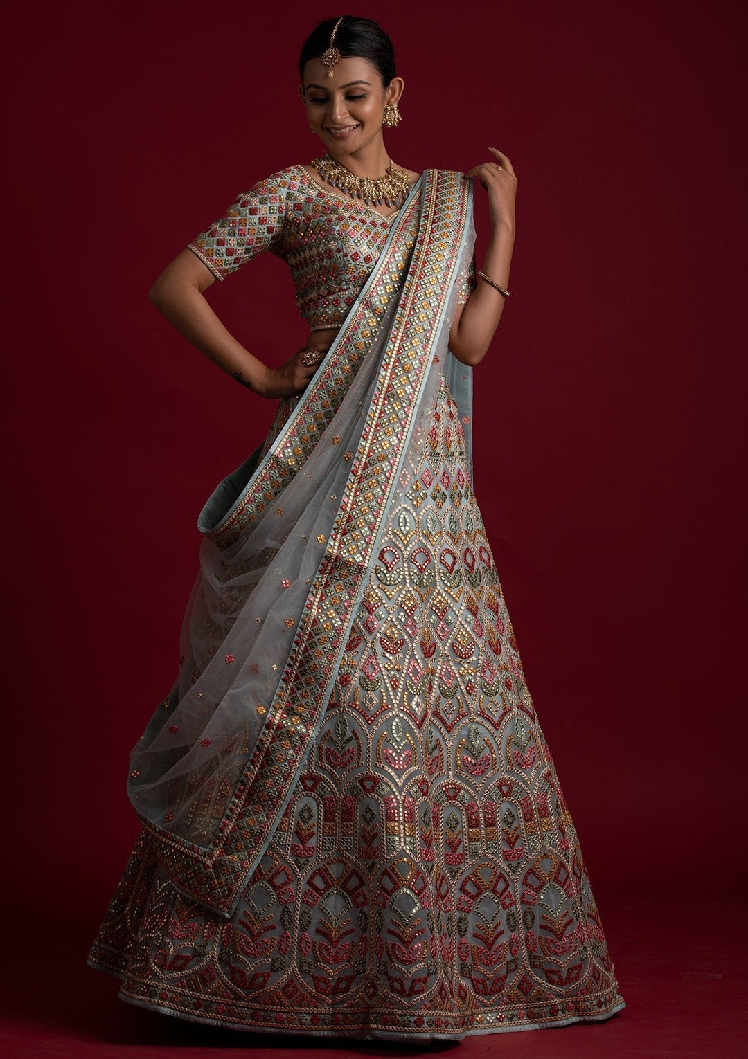 Sky Blue Gotapatti Net Designer Lehenga - koskii