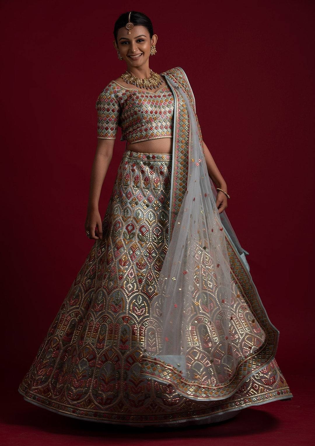 Sky Blue Gotapatti Net Designer Lehenga - koskii