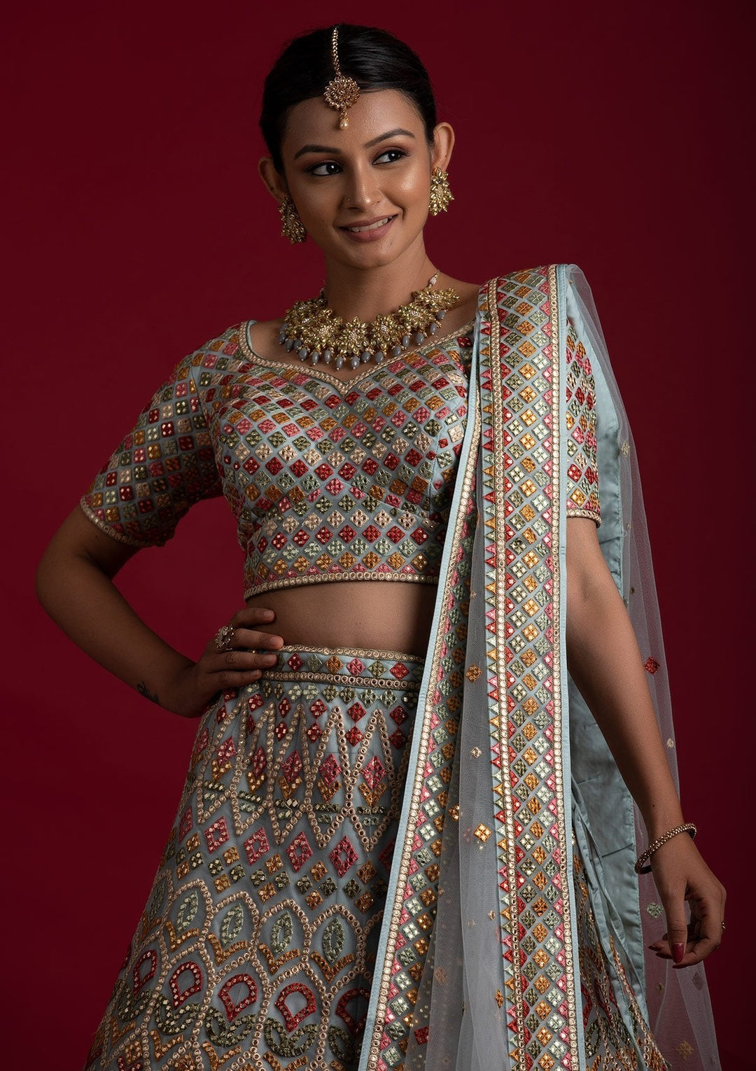 Sky Blue Gotapatti Net Designer Lehenga - koskii