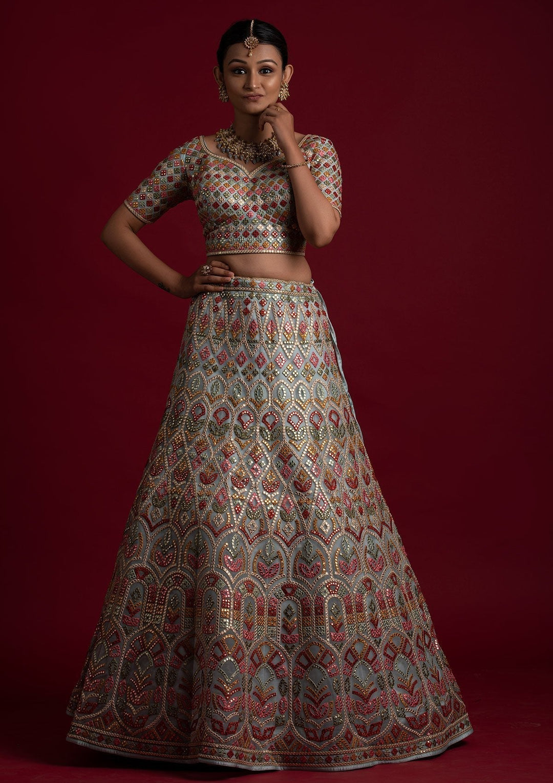 Sky Blue Gotapatti Net Designer Lehenga - koskii