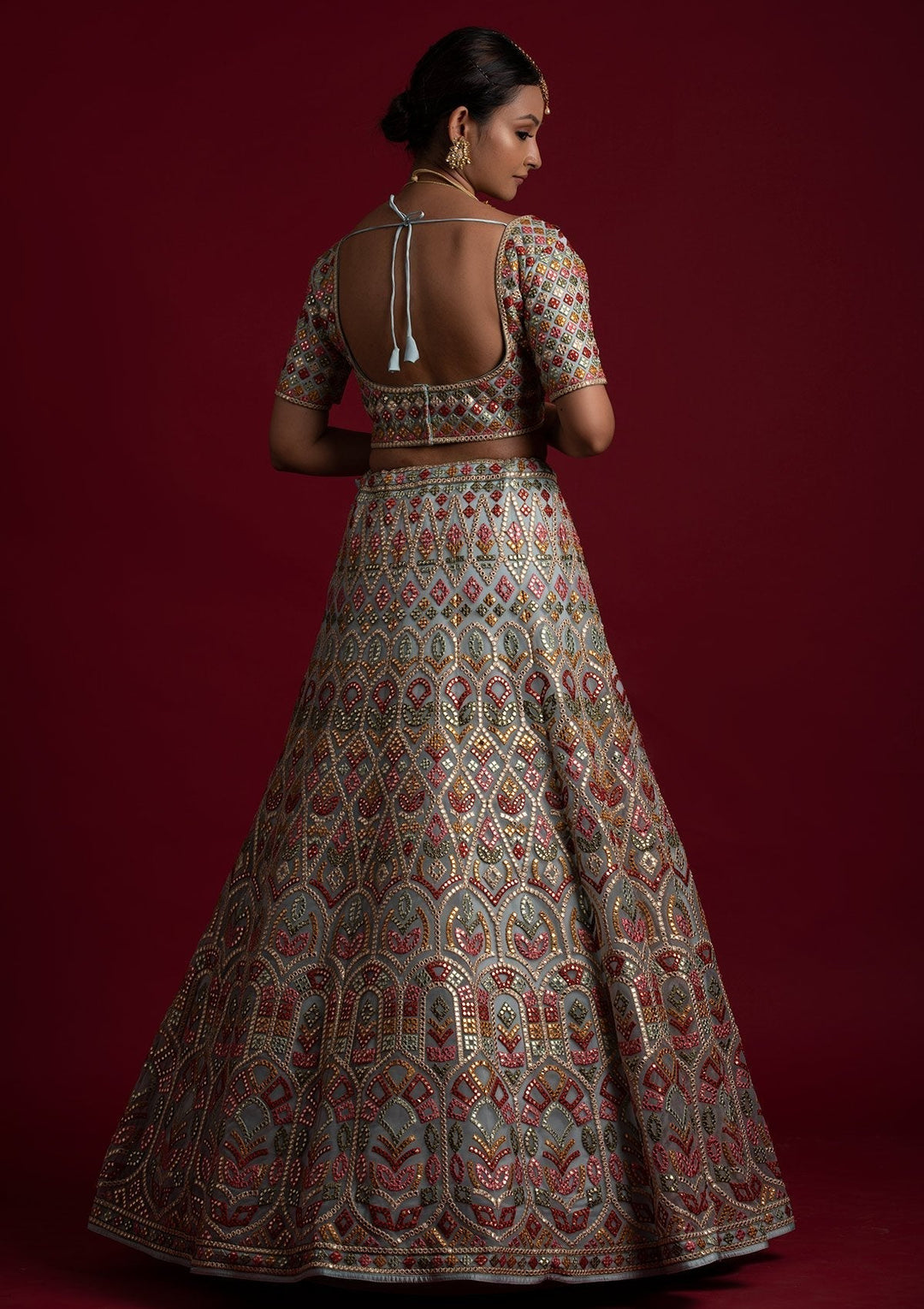 Sky Blue Gotapatti Net Designer Lehenga - koskii