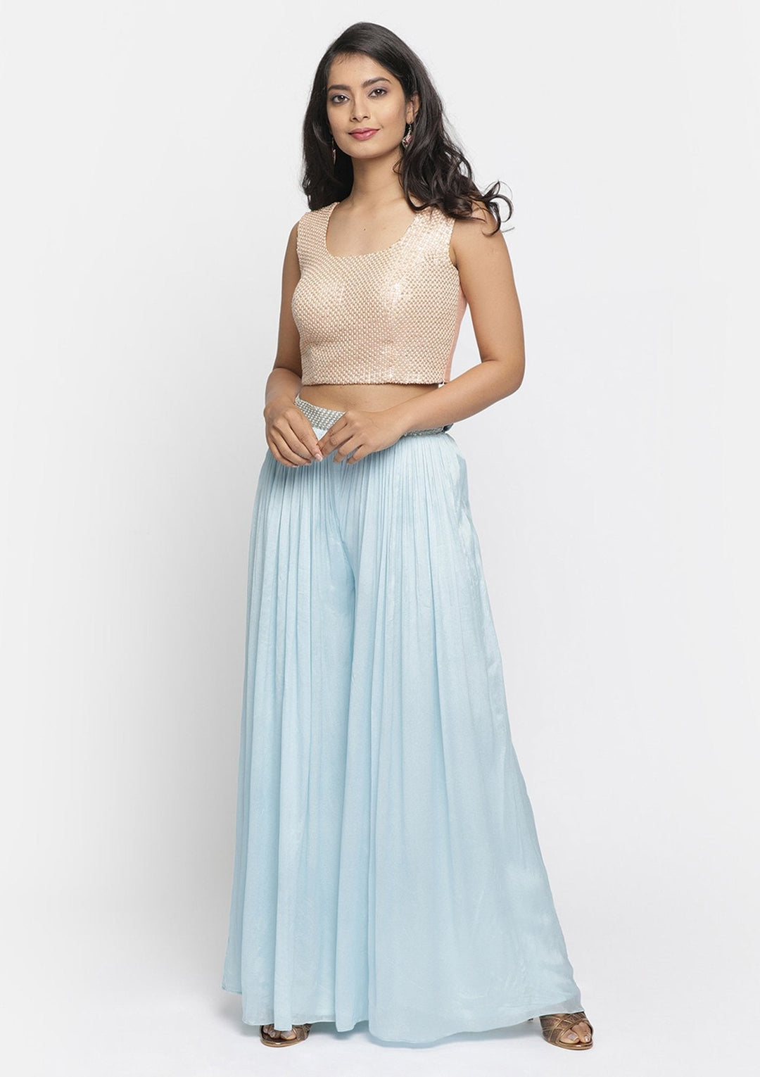 Sky Blue Sequins Semi Crepe Designer Salwar Suit - koskii