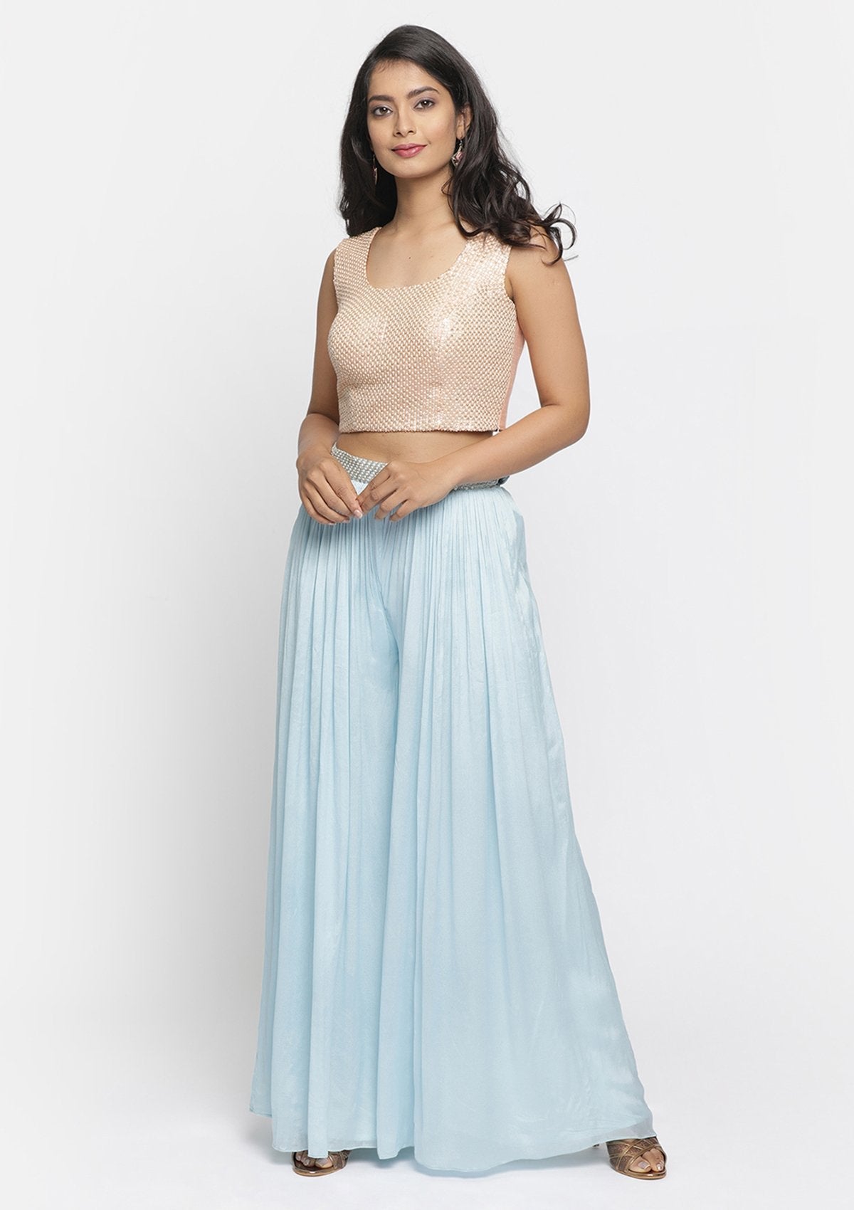Sky Blue Sequins Semi Crepe Designer Salwar Suit - koskii