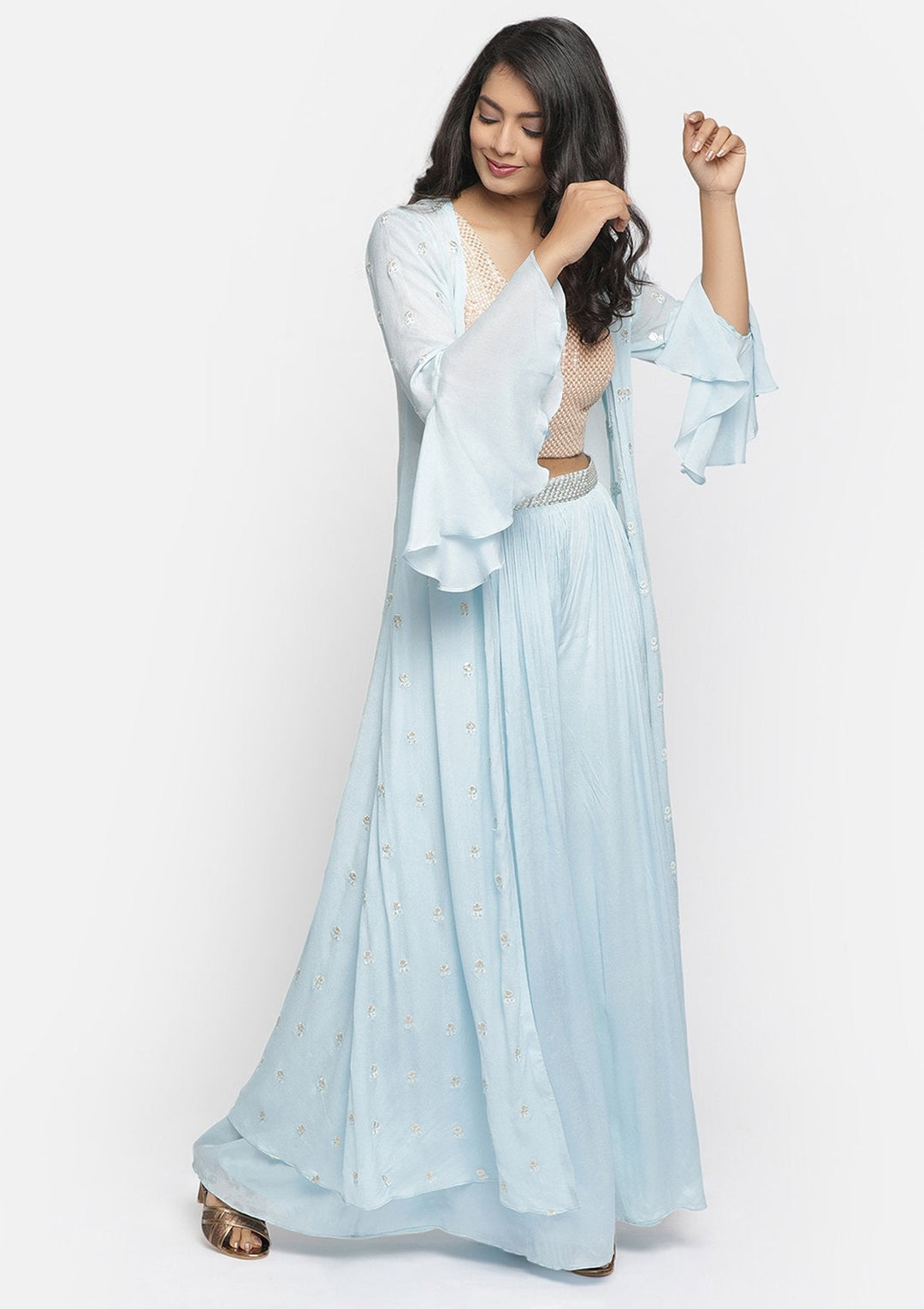 Sky Blue Sequins Semi Crepe Designer Salwar Suit - koskii