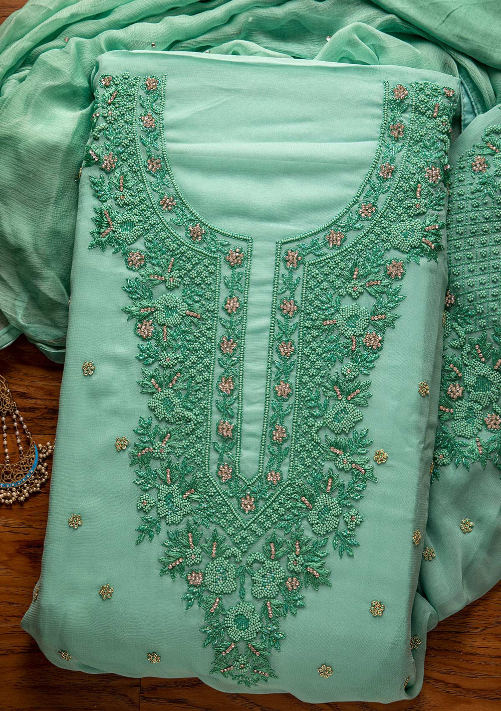 Sky Blue Silver Stonework Georgette Designer Unstitched Salwar Suit - koskii