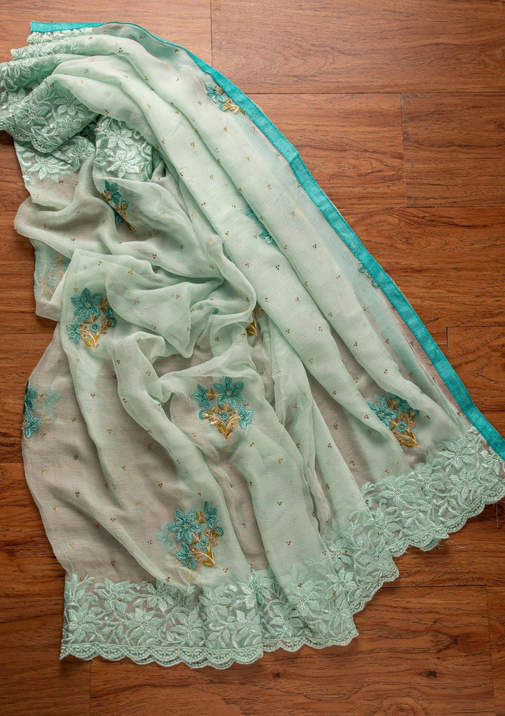 Sky Blue Threadwork Chiffon Designer Unstitched Salwar Suit - koskii