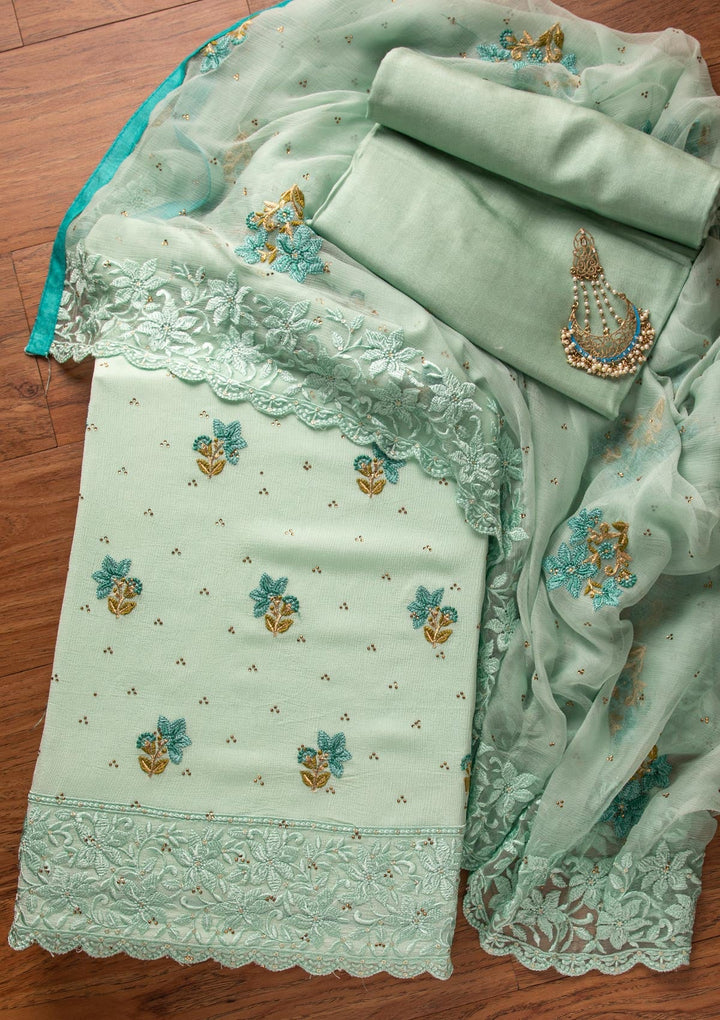 Sky Blue Threadwork Chiffon Designer Unstitched Salwar Suit - koskii