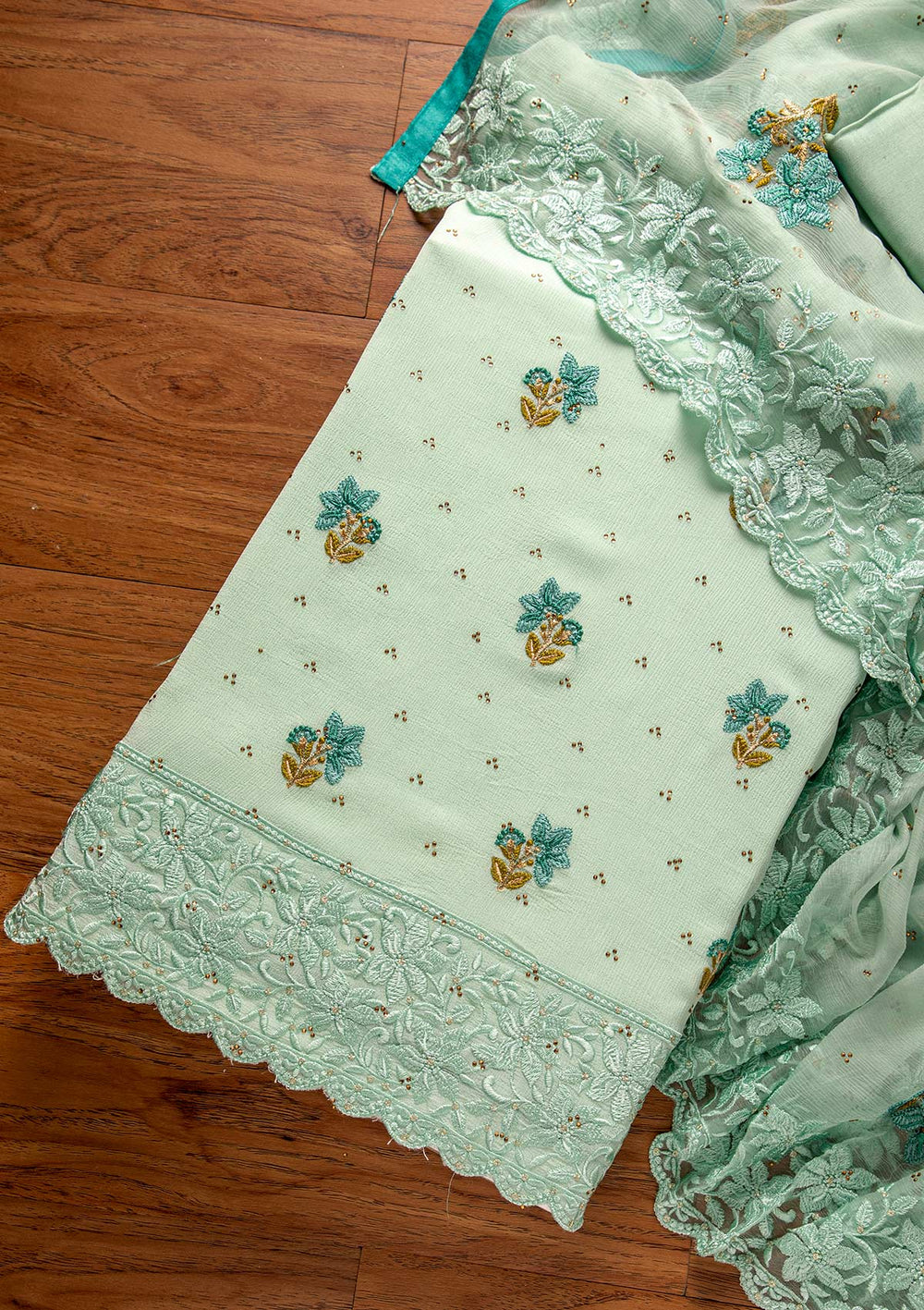 Sky Blue Threadwork Chiffon Designer Unstitched Salwar Suit - koskii