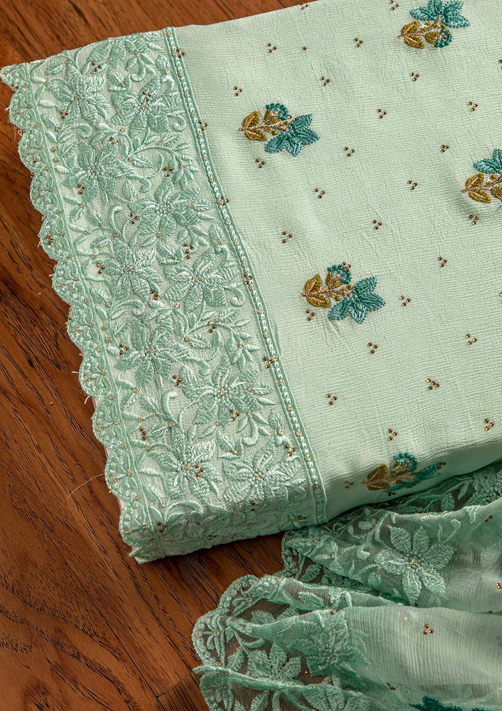 Sky Blue Threadwork Chiffon Designer Unstitched Salwar Suit - koskii