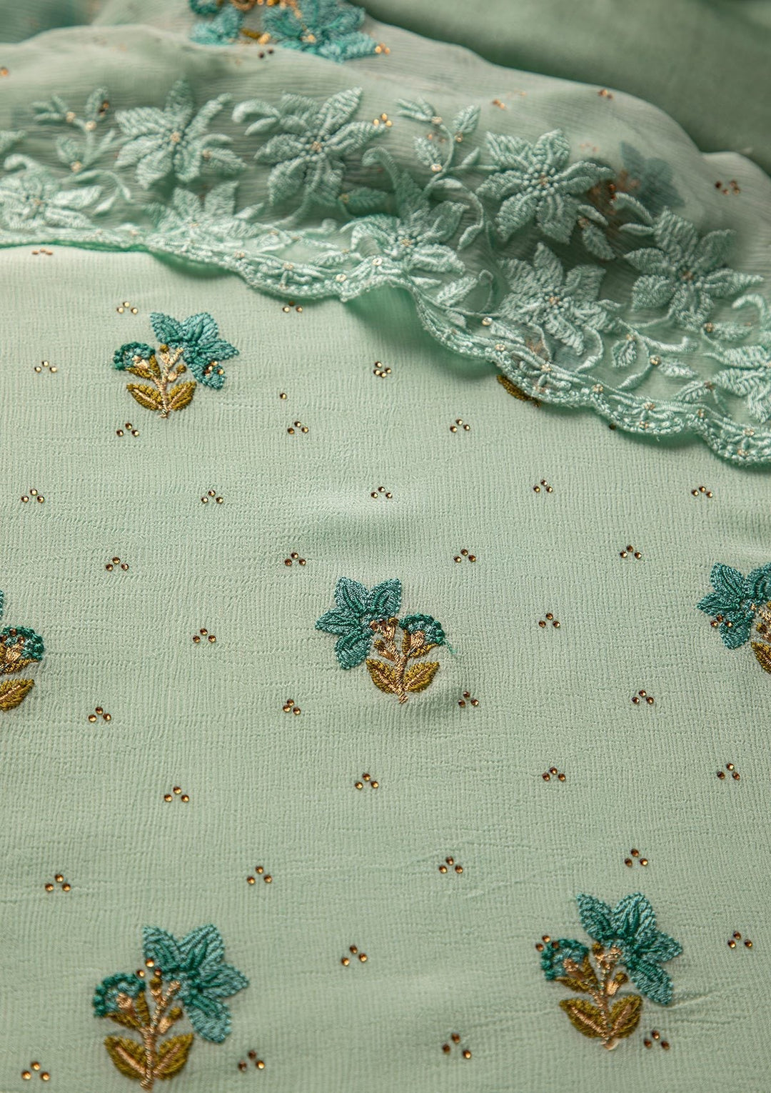 Sky Blue Threadwork Chiffon Designer Unstitched Salwar Suit - koskii