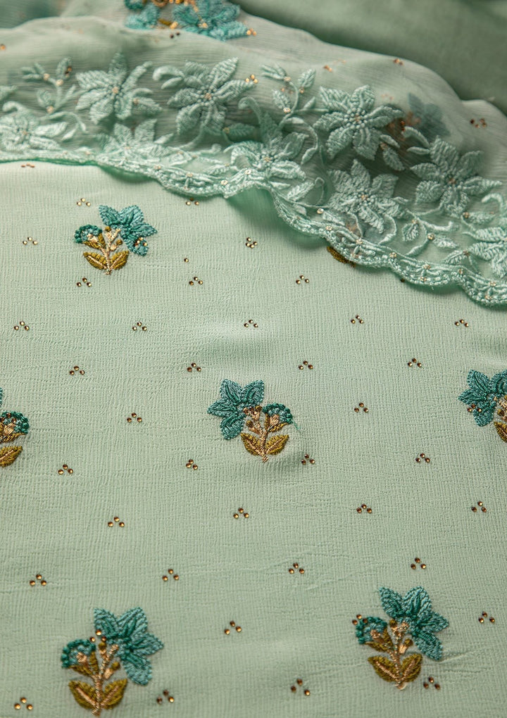 Sky Blue Threadwork Chiffon Designer Unstitched Salwar Suit - koskii