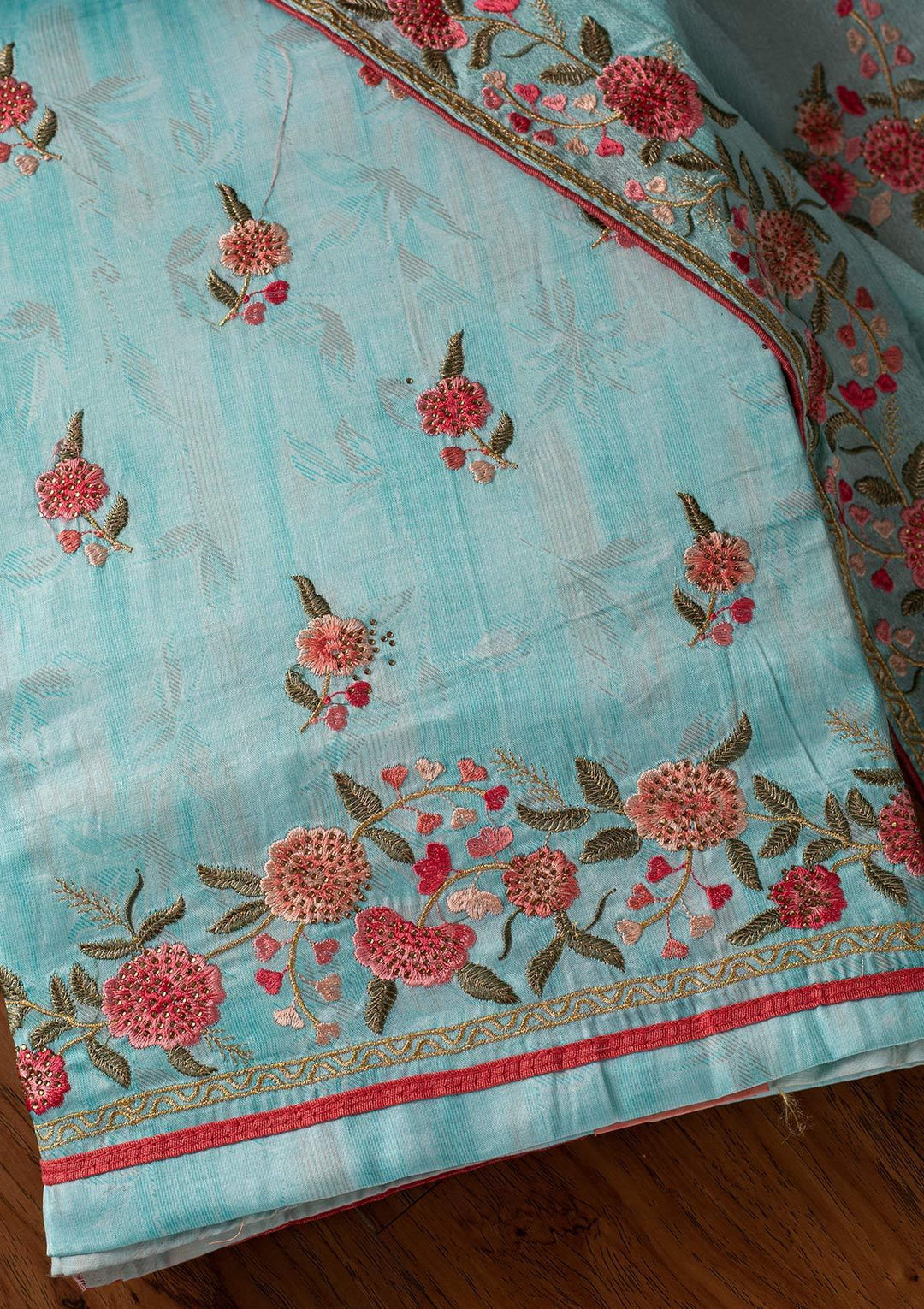 Sky Blue Threadwork Satin Designer Unstitched Salwar Suit - koskii