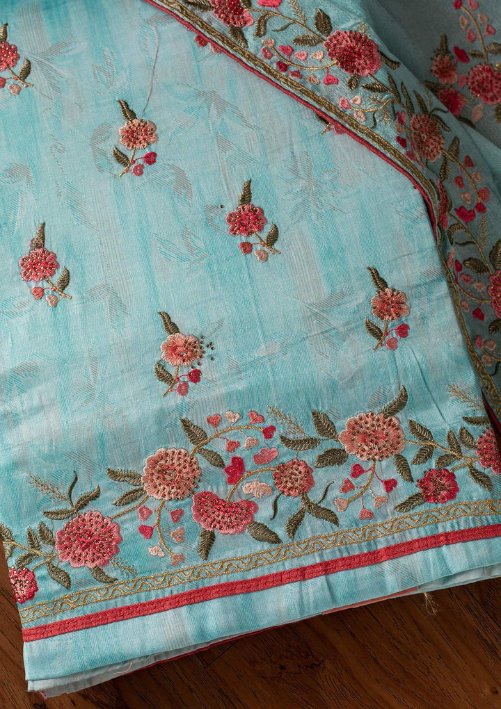 Sky Blue Threadwork Satin Designer Unstitched Salwar Suit - koskii