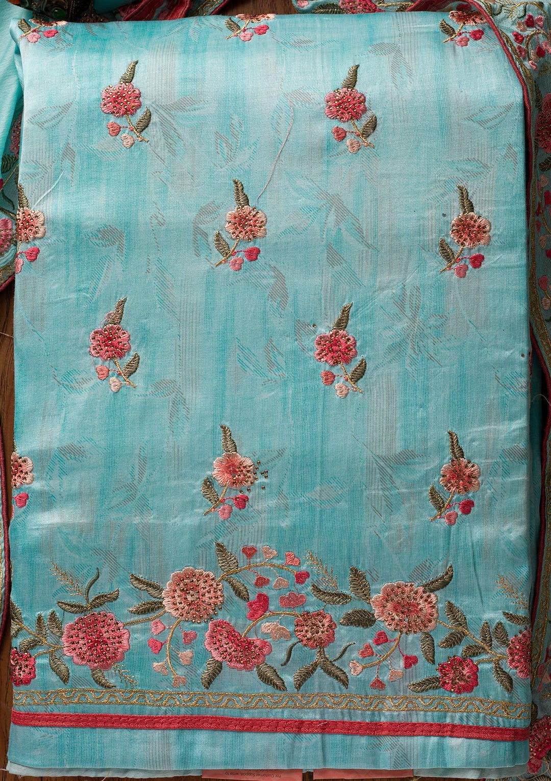 Sky Blue Threadwork Satin Designer Unstitched Salwar Suit - koskii