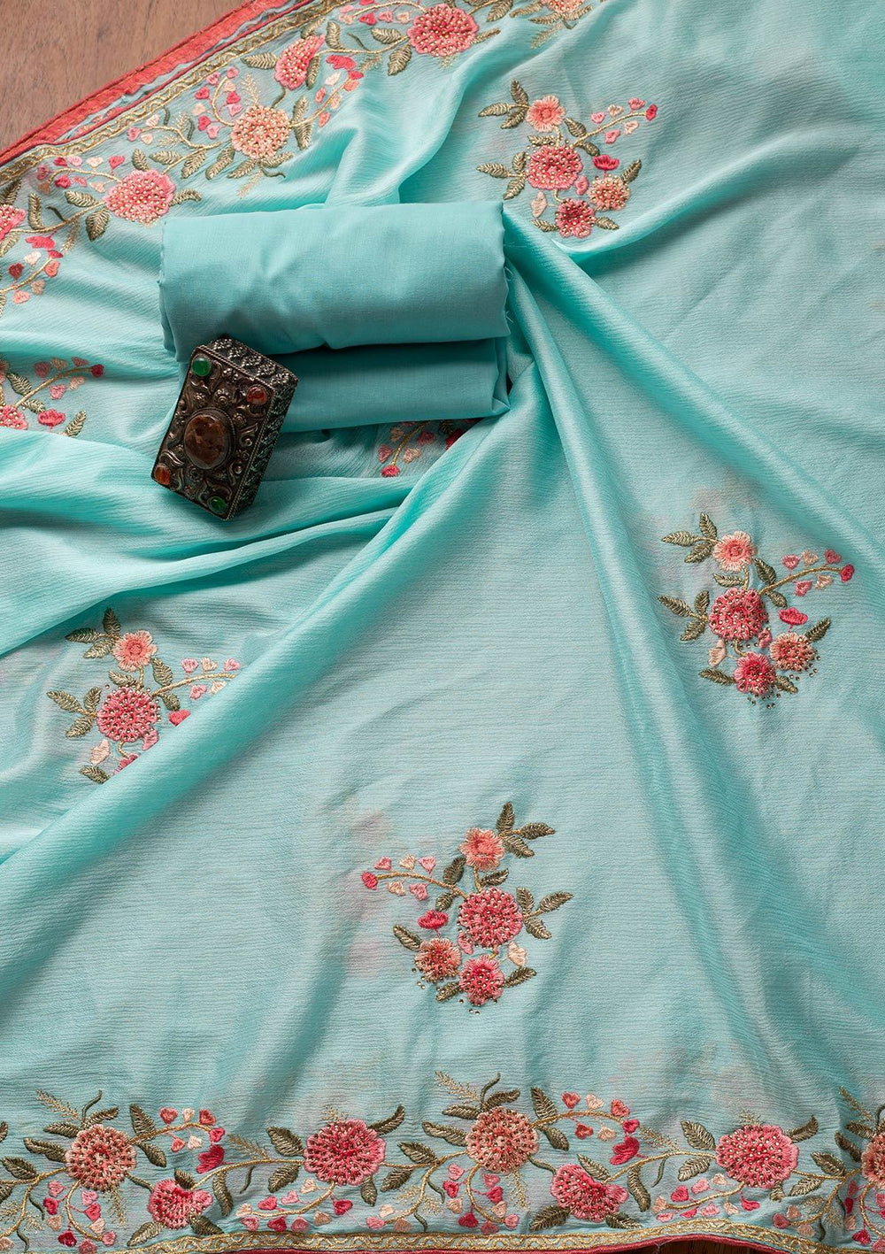 Sky Blue Threadwork Satin Designer Unstitched Salwar Suit - koskii