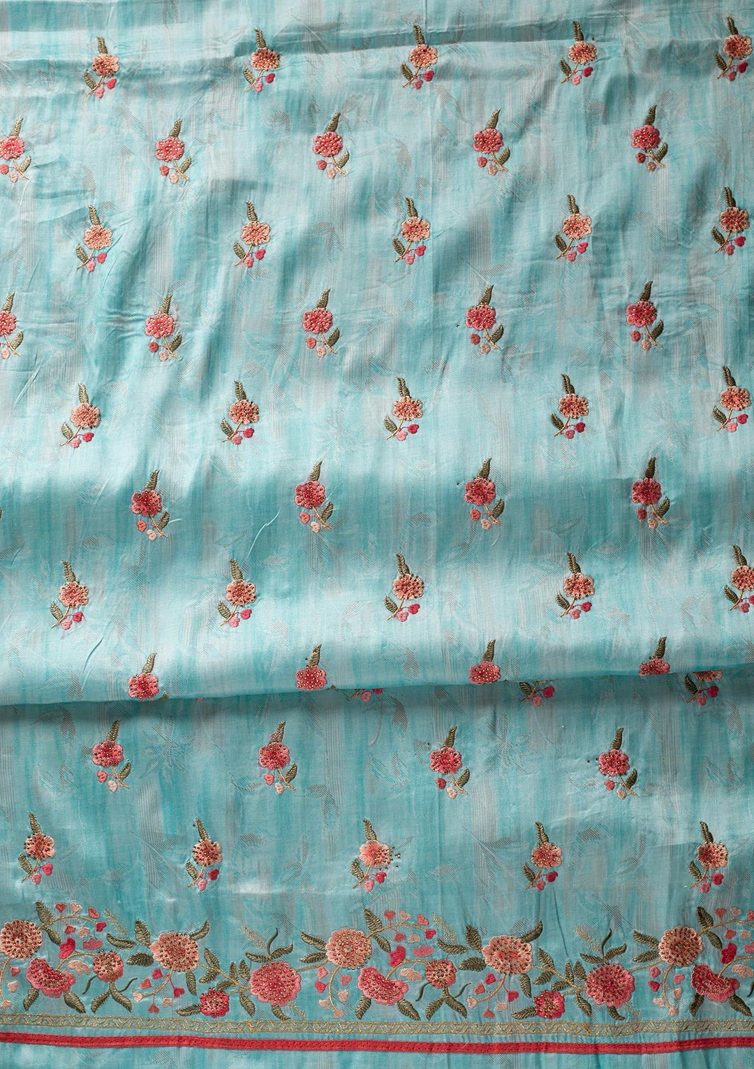 Sky Blue Threadwork Satin Designer Unstitched Salwar Suit - koskii
