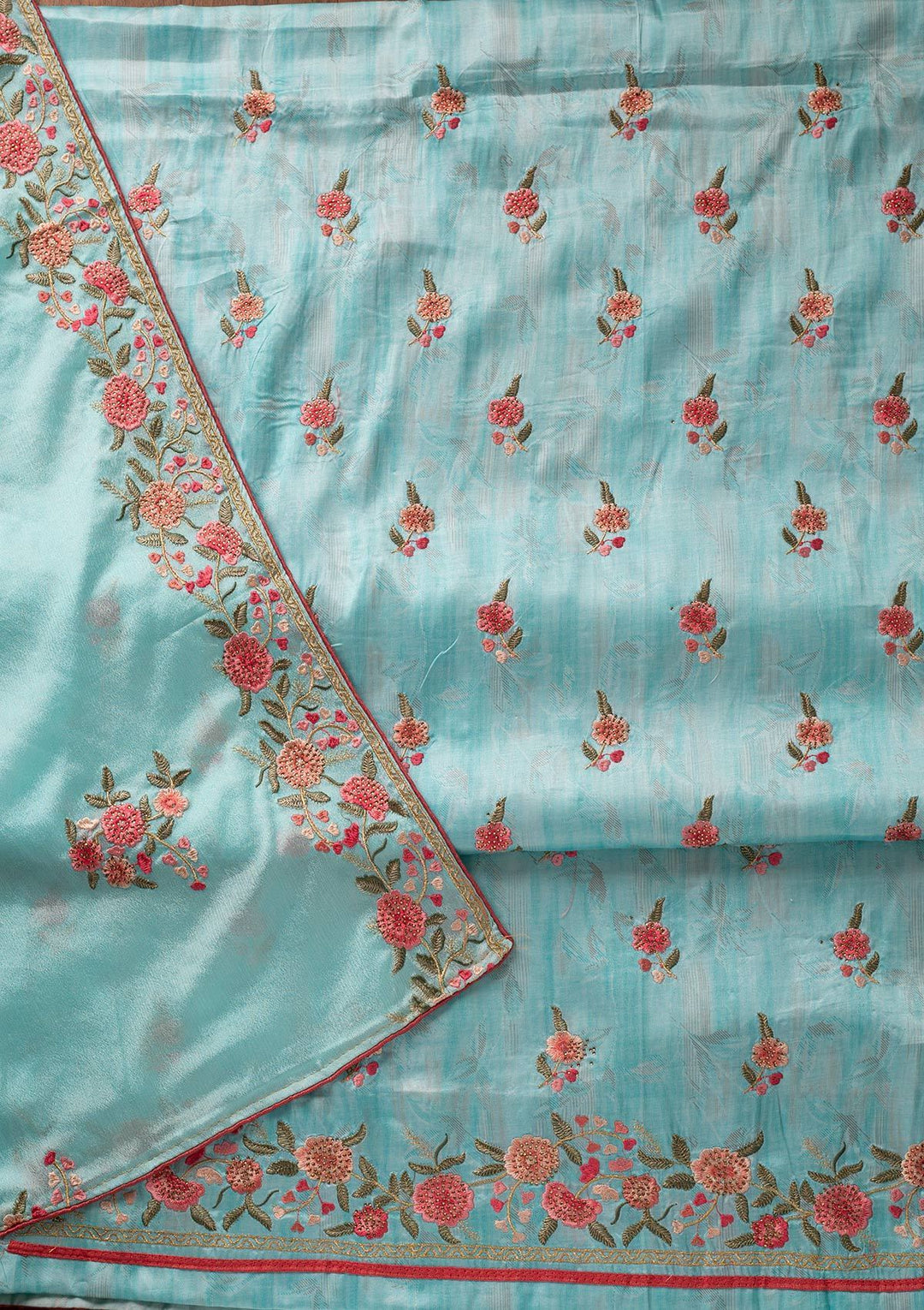 Sky Blue Threadwork Satin Designer Unstitched Salwar Suit - koskii