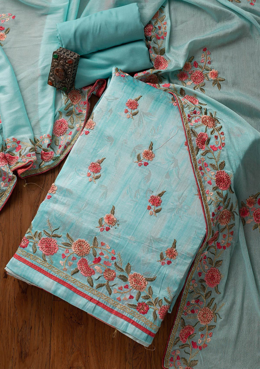 Sky Blue Threadwork Satin Designer Unstitched Salwar Suit - koskii